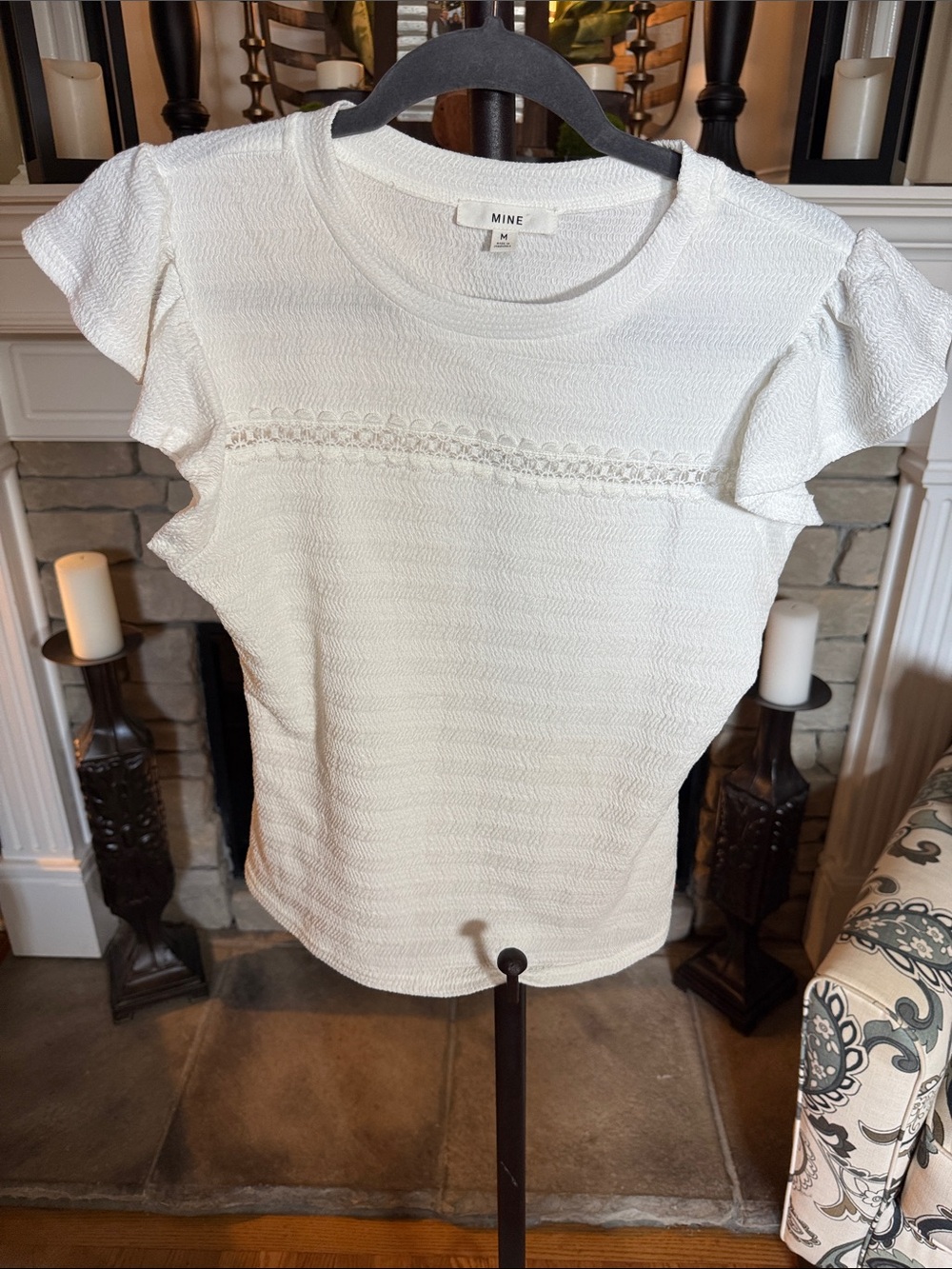 MINE White Textured Short Sleeve Top with Lace Yoke